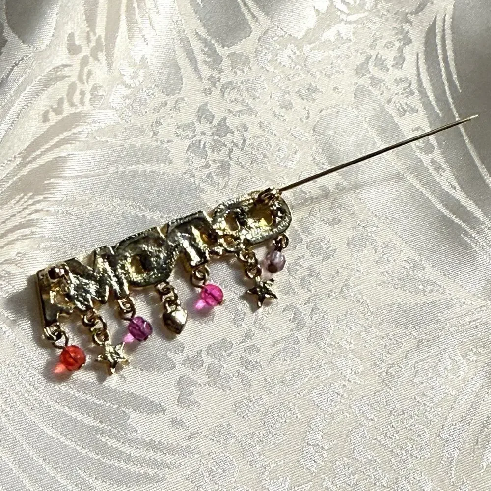 Vintage Gold Tone Enamel Grandma Brooch Star Charms Dangle Beads 2 Inches